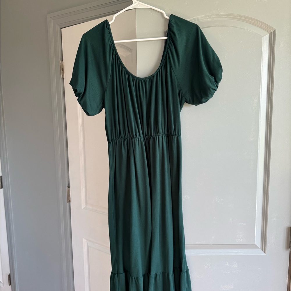 French Grey Teal Puff Sleeve Midi Dress